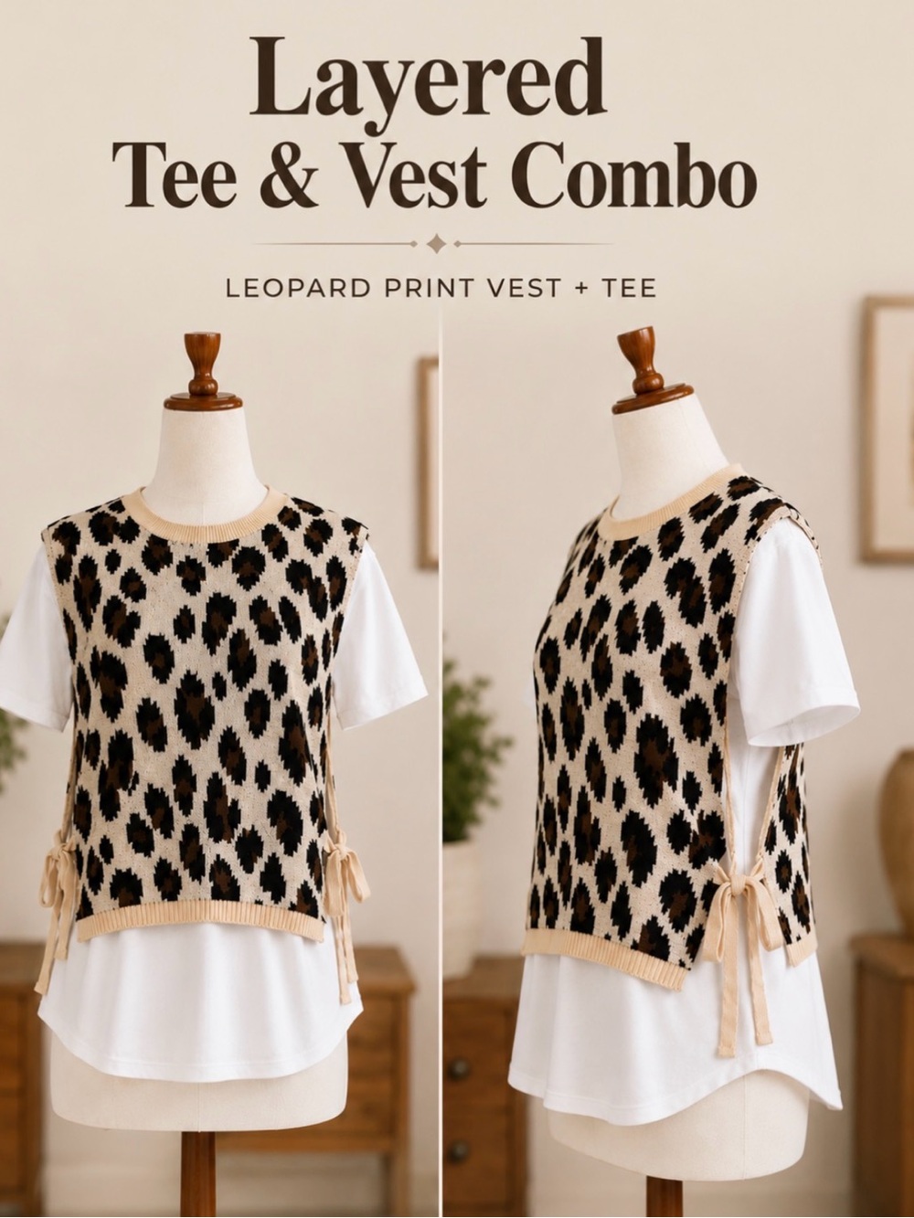 Zara Leopard Print Sweater Vest Layered Tee | Animal Print Side Tie Knit Top |